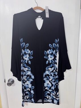 White House Black Market Black Long-Sleeve Dress with Blue Floral Panels